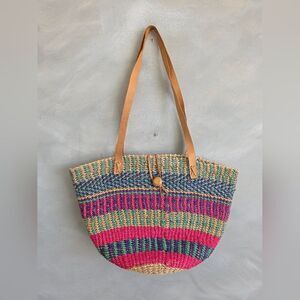 Vintage Striped Raffia Basket Tote Pink Purple Turquoise 16x10